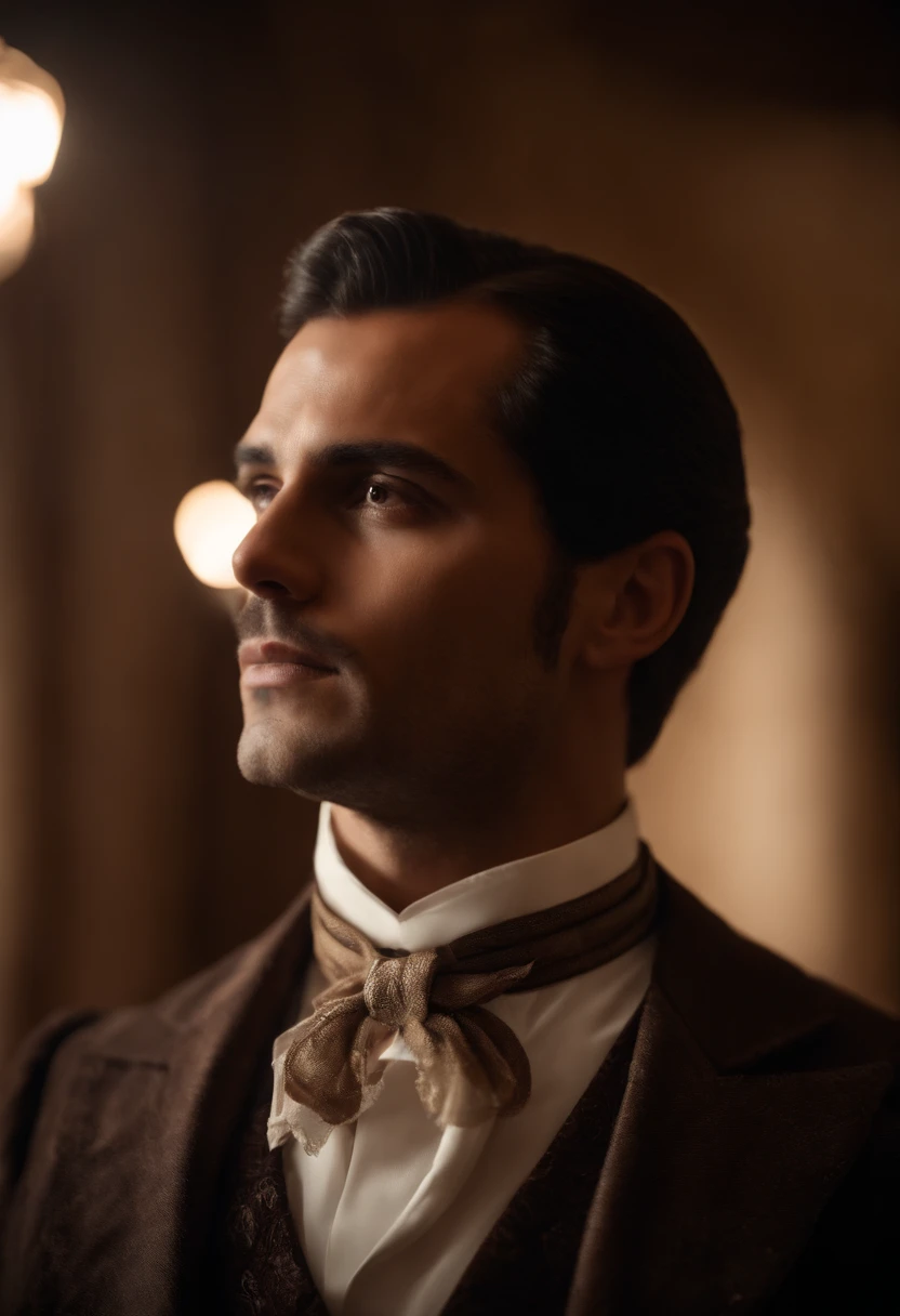 Um homem vitoriano bonito e viril, em roupas vitorianas elegantes, em um manor house. The face is manly and elegant, limpo, eyes are brown