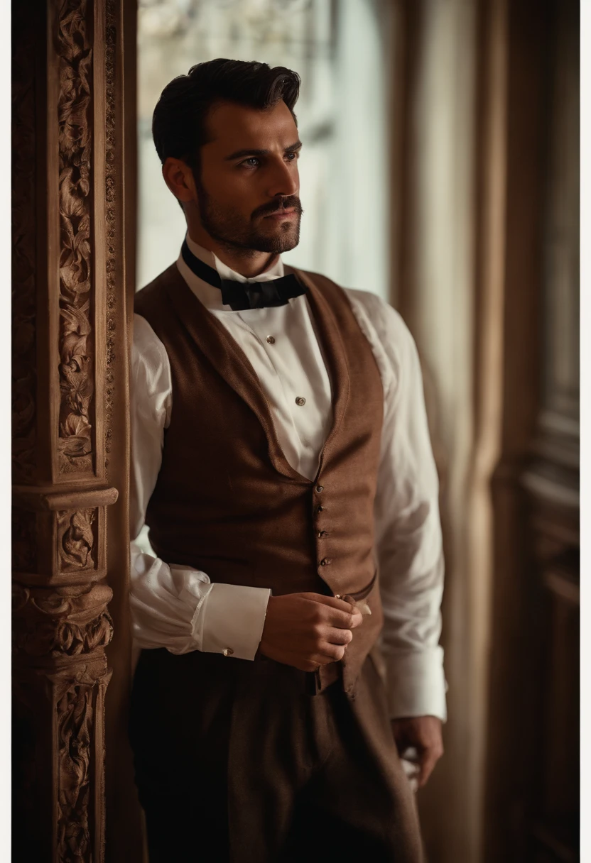 Um homem vitoriano bonito e viril, em roupas vitorianas elegantes, em um manor house. The face is manly and elegant, limpo, eyes are brown