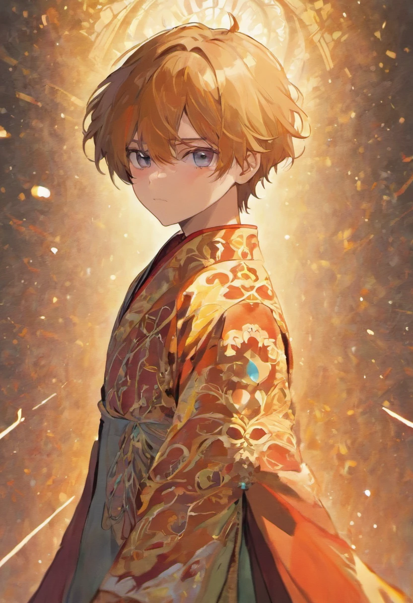 Create the realistic image of a 17-year-old boy wearing a colorful tunic, Her hair is medium brown and her skin is light, has medium height and wears typical Middle Eastern clothing from the fourth century to.C.