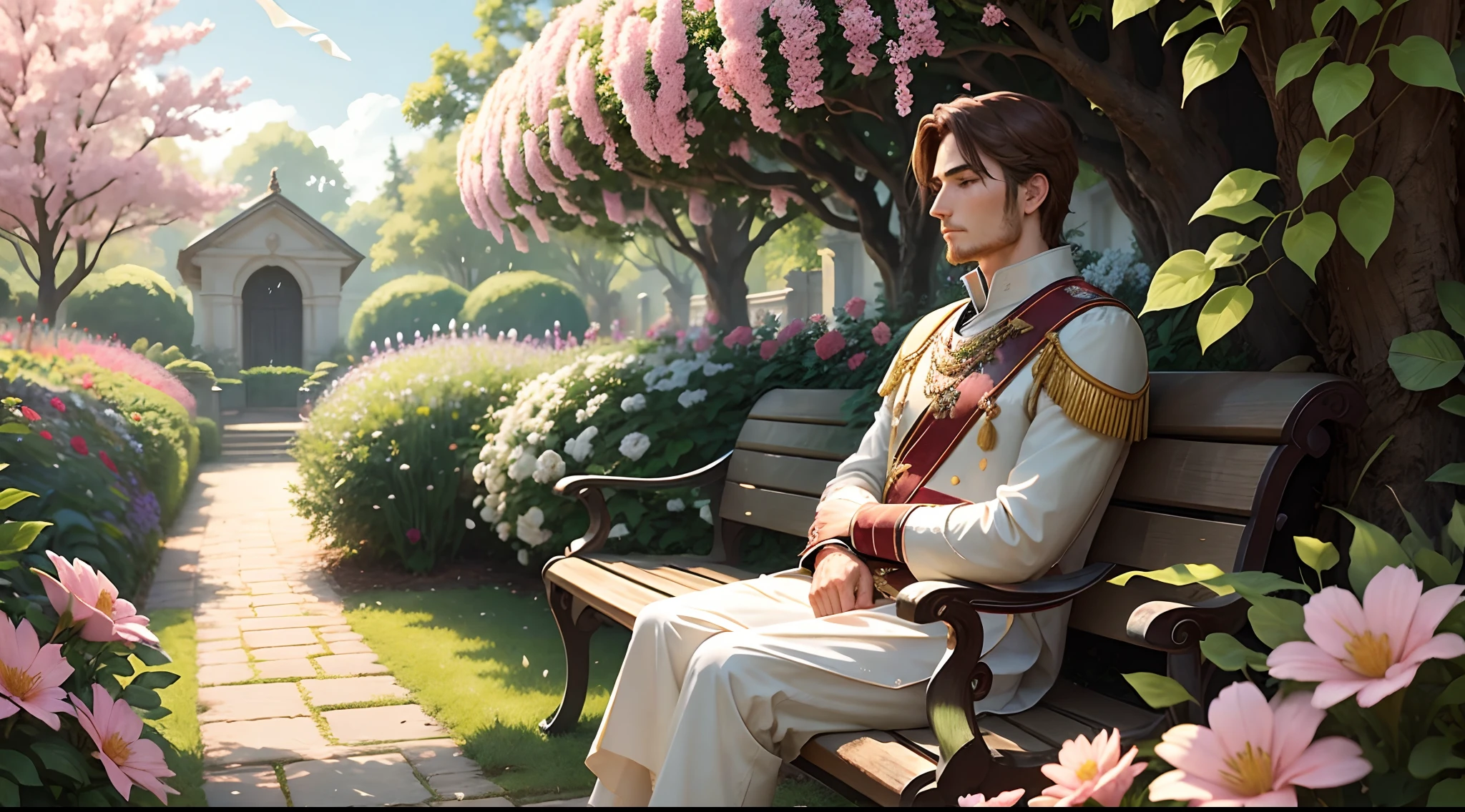 The king sitting on a bench in a garden, looking peaceful and content. He is surrounded by flowers and birds.