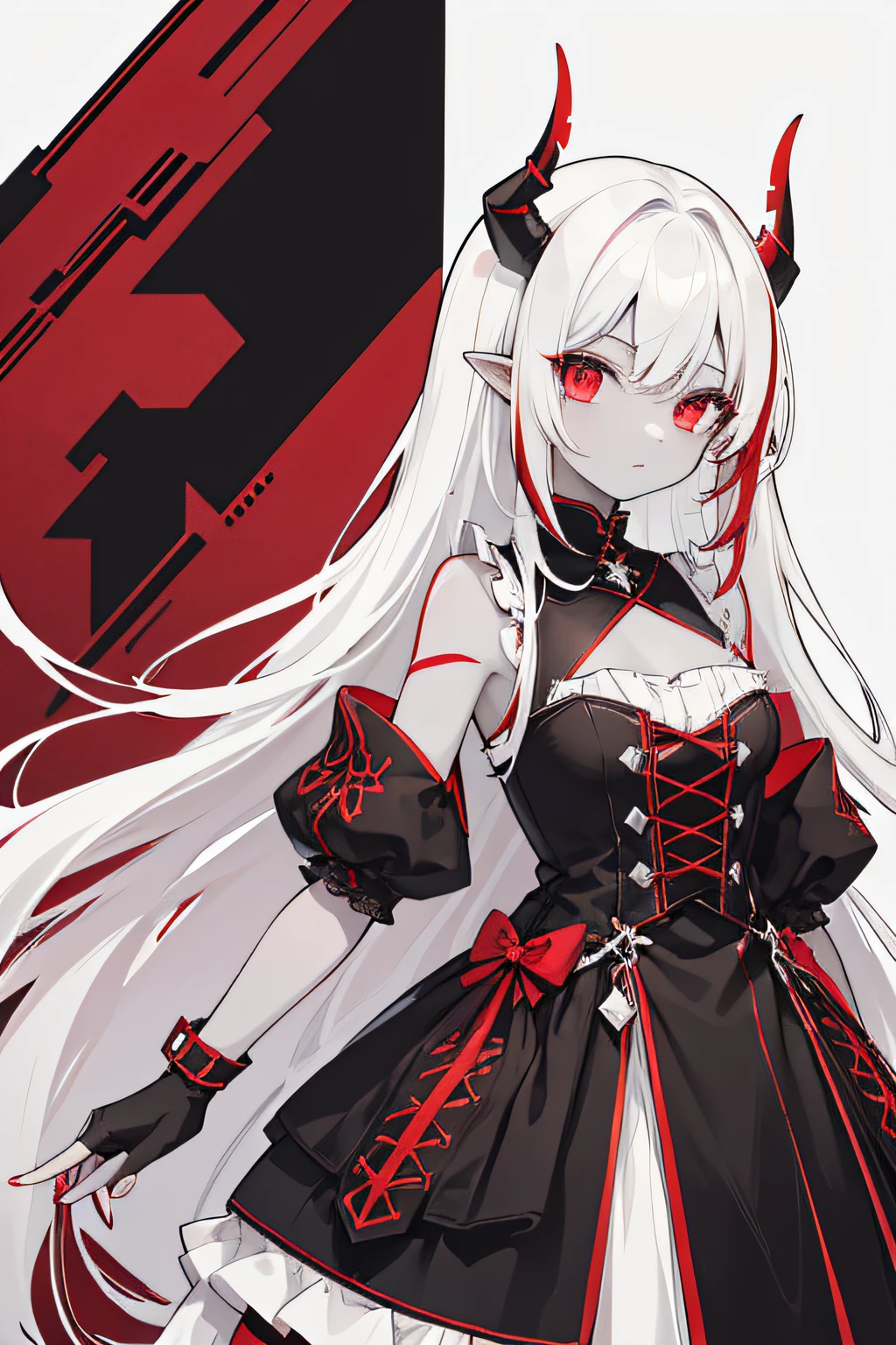 Female, 1 girl, color skin: pale, color eye: crimson, hair long white hair and black and red horns, red dress with laces crossing each other with white and black details, she wears long black fingerless gloves, color pallet crimson