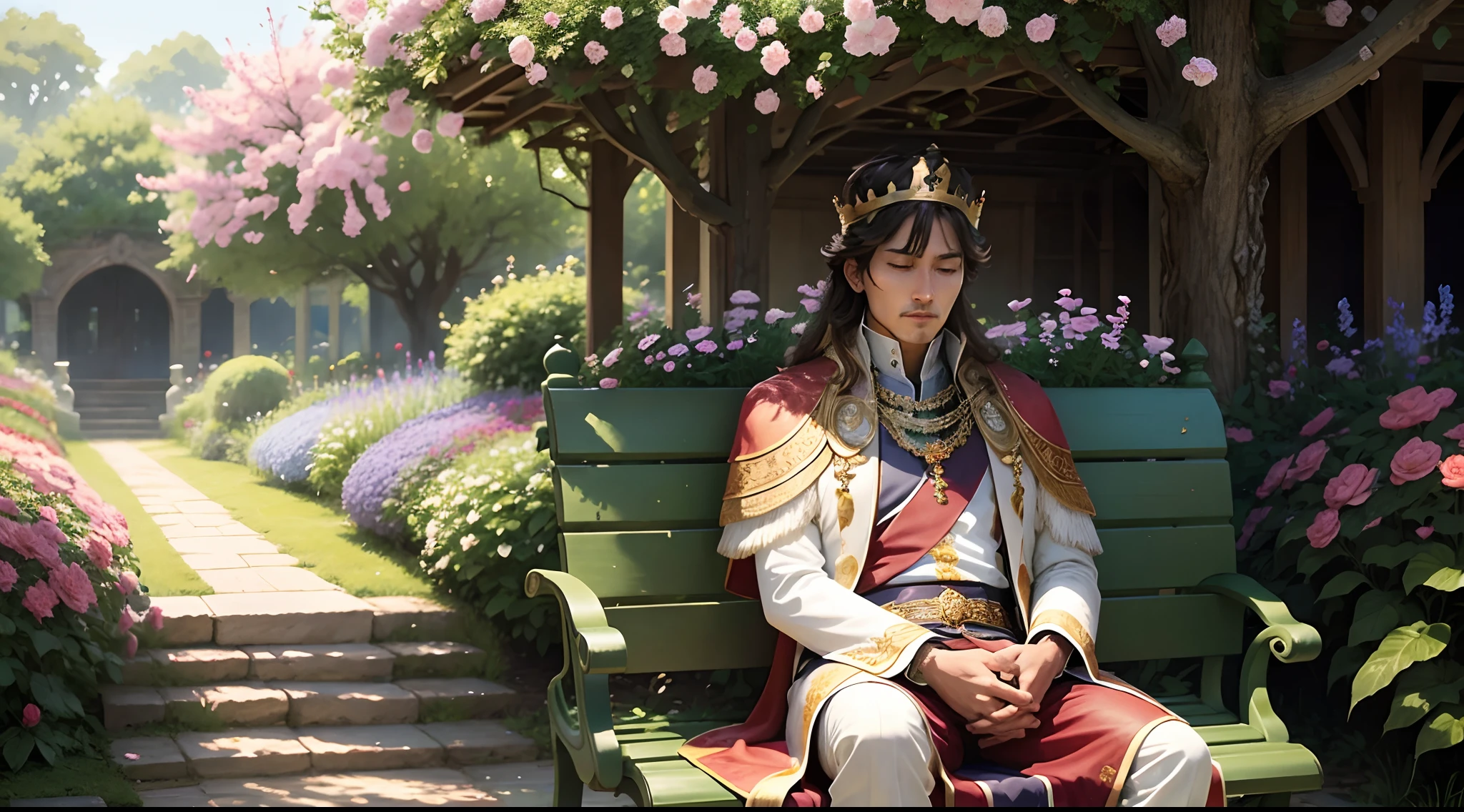 The king sitting on a bench in a garden, looking peaceful and content. He is surrounded by flowers and birds.