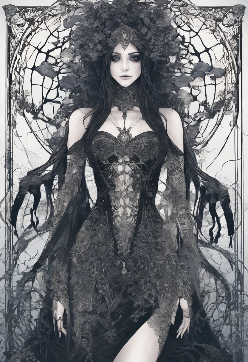 beautiful woman Full body scary Water fae humanoid being with gills and webbed fingers and sharp . Dark long hair. Black eyes. Thin and bone-thin.