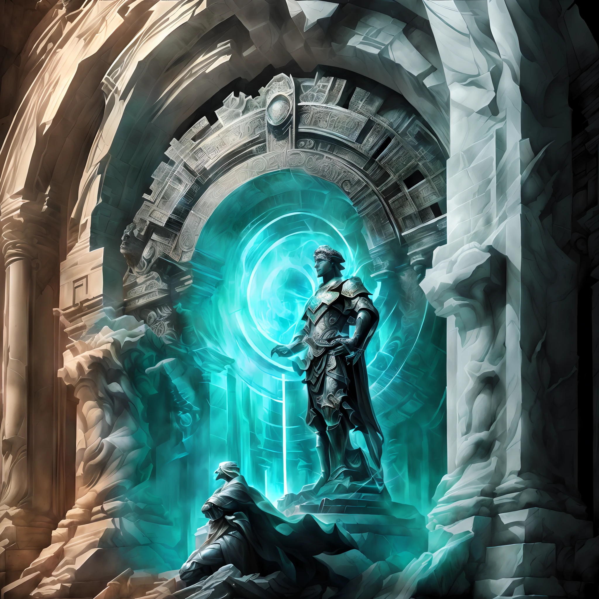 There is a statue of a man standing in a building, epic fantasy sci fi illustration, Symmetrical Epic Fantasy Art, Epic Fantasy Digital Art Style, stuning fantasia 3 d render, portal to the ethereal realm, ancient biomechanical temple, epic fantasy illustration, magic portal to another world, fantasy RPG book illustration, Portal in the Anoteer dimension