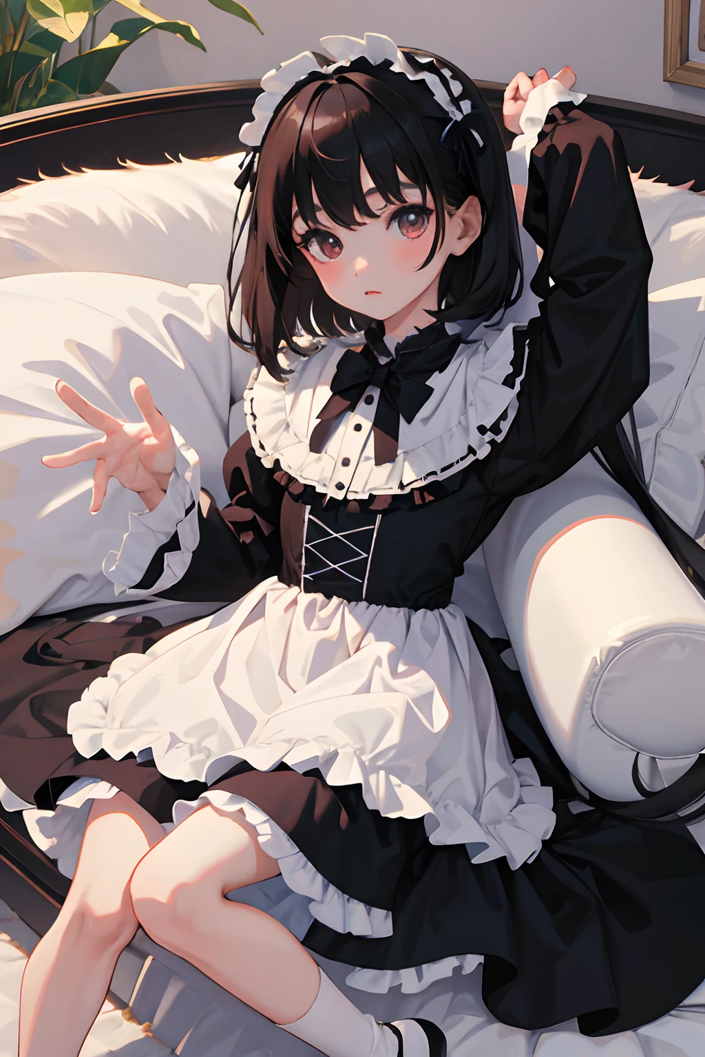 Maid clothes、Plump thighs、Best image quality、High resolution、masterpiece、super high quality、Brown bra、Brown panties、とてもBig Ass、Blushing、4K quality、Thick thighs、Big Ass、Blushed、Big Breasts、Proud face、Wearing black knee socks、Sticking out tongue