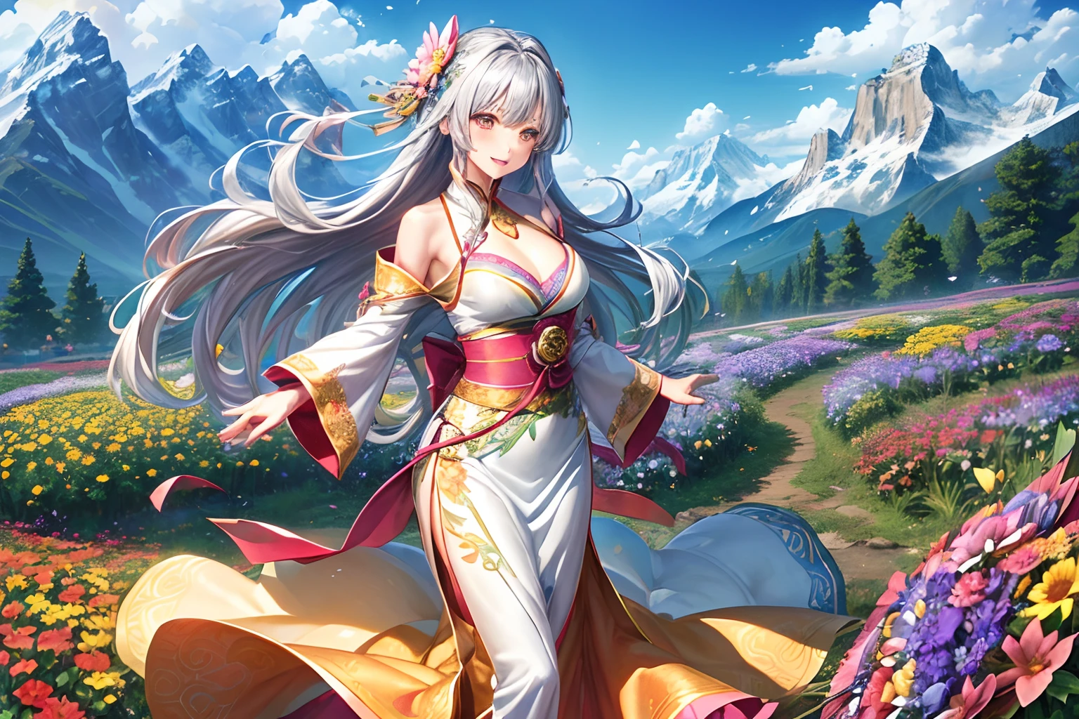 masutepiece,Best Quality,ultra-detailliert, (gals:1.2), ((Silver Long Hair,is fluttering in the wind):1.3), ((With gold embroidery,chinese clothes):1.2), (((Beautiful colorful flowers,1 big bouquet,Hold it with both hands):1.3)), plump shiny lips, Beautiful clear eyes, (The best smile), ((cleavage):1.2),Spoken Heart, (Dynamic Pose:1.2), Confetti, (Shining sunlight),Centered, ((Colorful flower garden, Majestic mountain々a backdrop of):1.2),