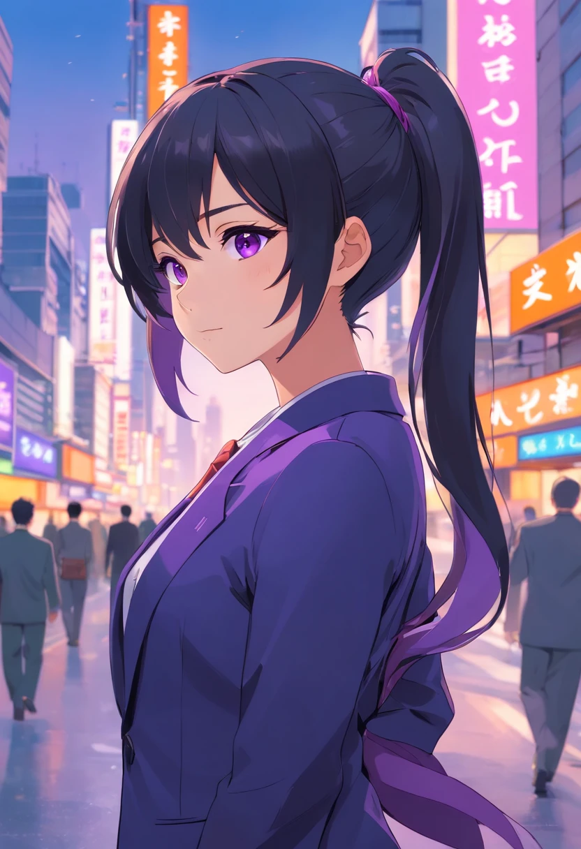Black color hair,Single ponytail hairstyle,Purple eye,lounge suit,A bustling city street,gloomily