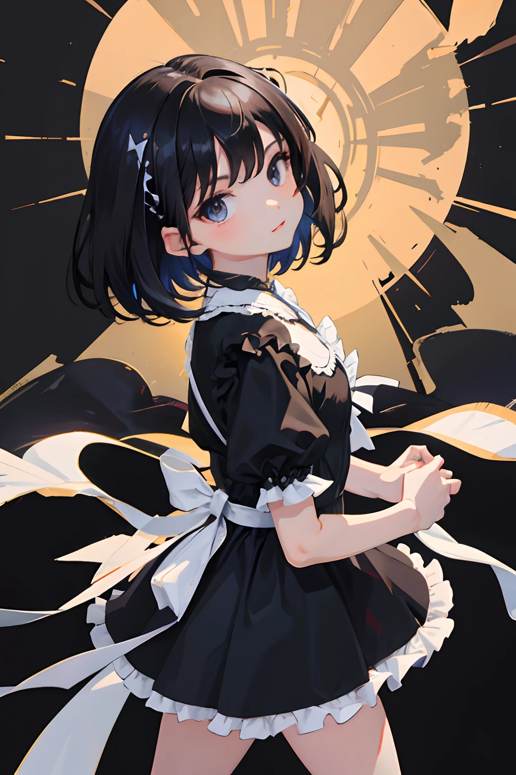child，（​masterpiece，Highest Quality），shortsleeves，Black Lolita Clothes，a miniskirt，A dark-haired，Black walls