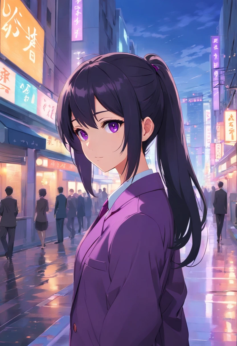 Black color hair,Single ponytail hairstyle,Purple eye,lounge suit,A bustling city street,Gloomy youth
