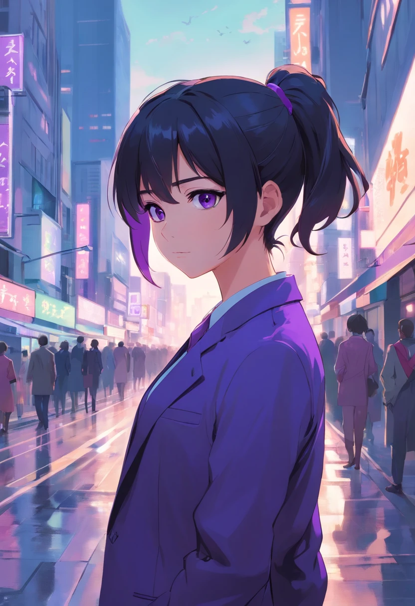 Black color hair，Single ponytail hairstyle，Purple eye，lounge suit，A bustling city street，Gloomy youth