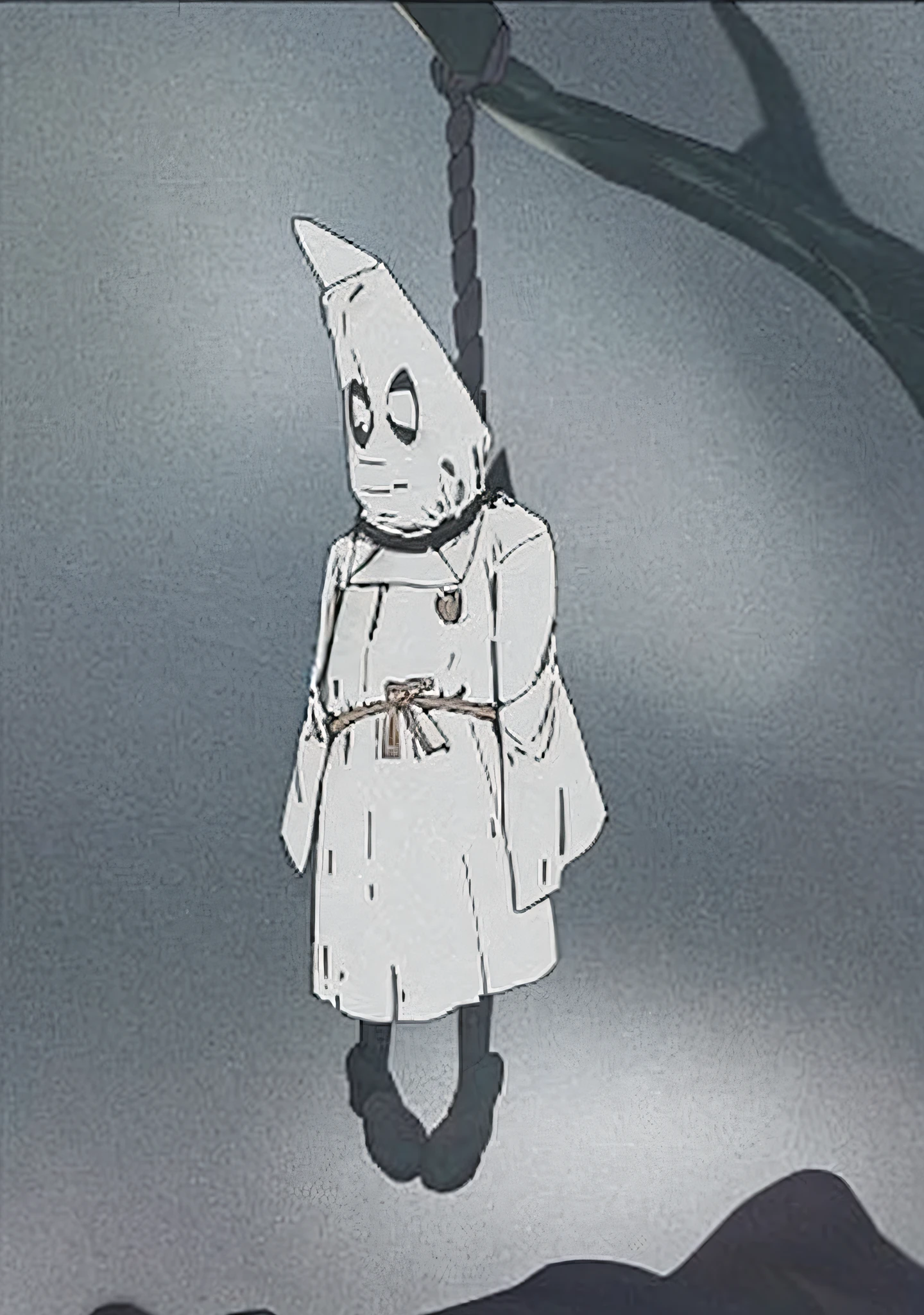 There is a drawing of a person hanging from a rope by the neck, punpun onodera | |, oyasumi punpun | |, Yoko Taro, SCP 3008, Dunce, Yume Nikki, Mimikyu, Foto de SCP-173, Pyramid head, capuzes pontiagudos, seis de pequenos pesadelos, Umamusume, ainda de anime