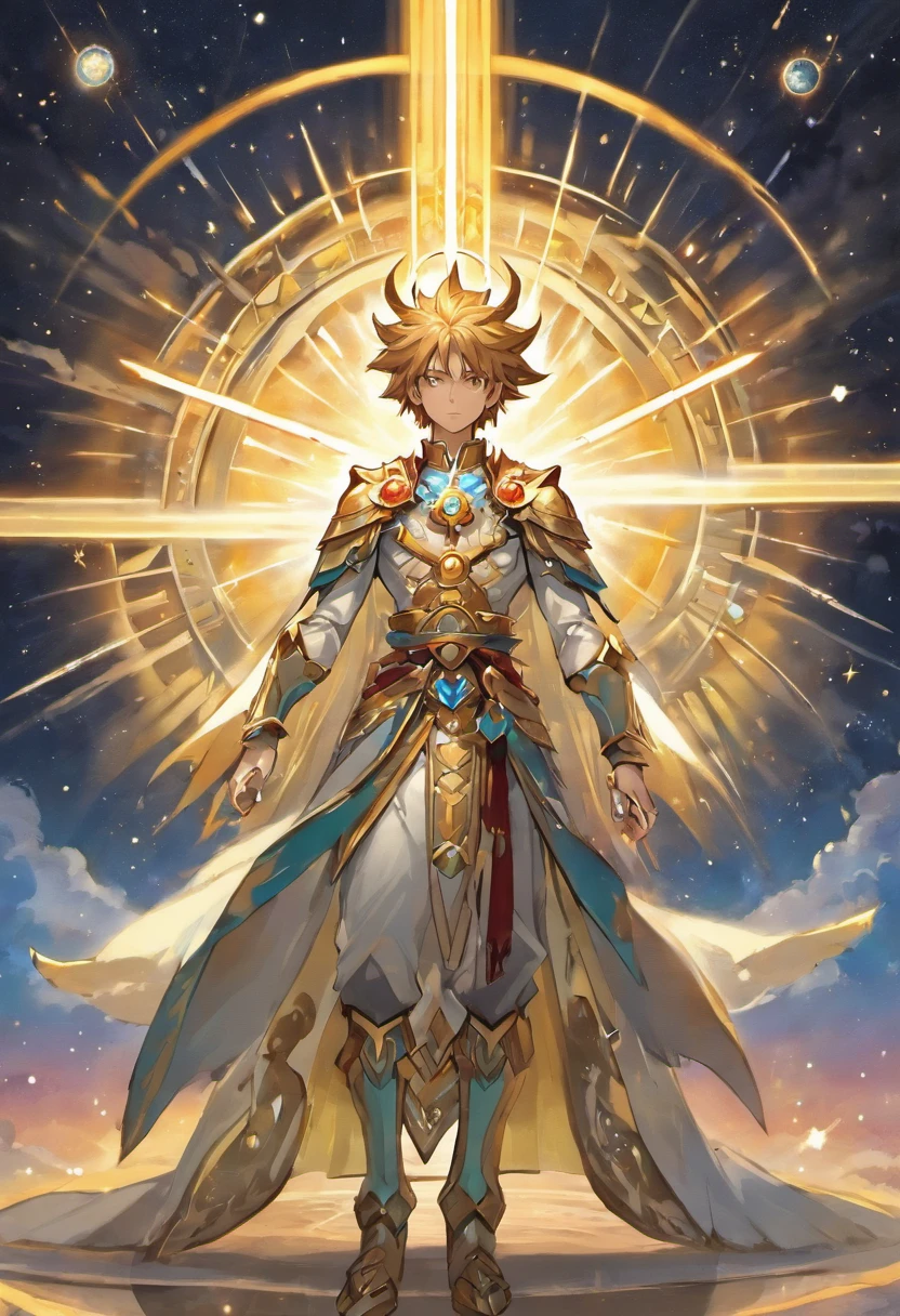 Arcanjo Miguel, o mais poderoso e benevolente dos Arcanjos, has a majestic appearance. He's tall, com cabelos dourados como o sol. Asas de um branco mais puro do que as nuvens mais intocadas se estendiam majestosamente de seus ombros, emitting a glow that outshone even the most resplendent stars. Seus olhos, profundos e serenos, pareciam conter os segredos do universo, how his presence emanated an aura of calm and power. Dressed in heavenly armor adorned with sacred symbols, Ele carrega uma espada divina que irradia luz e corta as trevas. His face is serene, reflecting their peaceful and compassionate nature, frequentemente sorrindo com uma aura de calor e conforto. Um homem robusto.