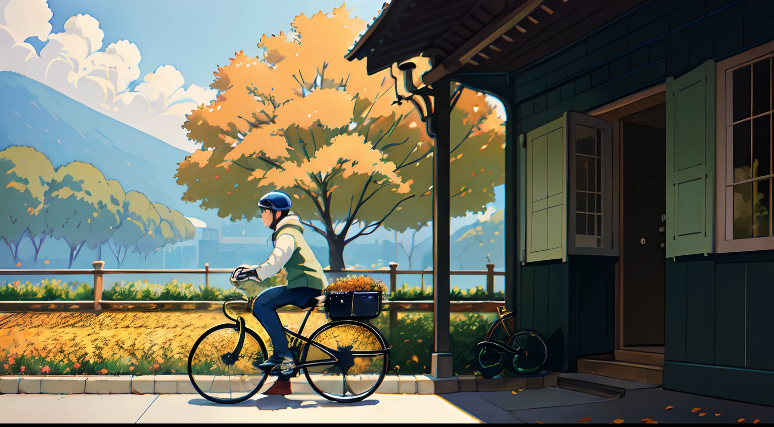 (bicyclette:1.5), (Realistic bike: 1.5), (realistic cyclist: 1.5), Plan en gros plan, Le meilleur des meilleurs, automne, Orange leaves, nature, Landscaped background, ombres, contraste, Makoto Shinkai (beste-Qualit:1.3), (high resolucion:1) Art par Studio Ghibli Style, impressionnisme, couleurs vibrantes