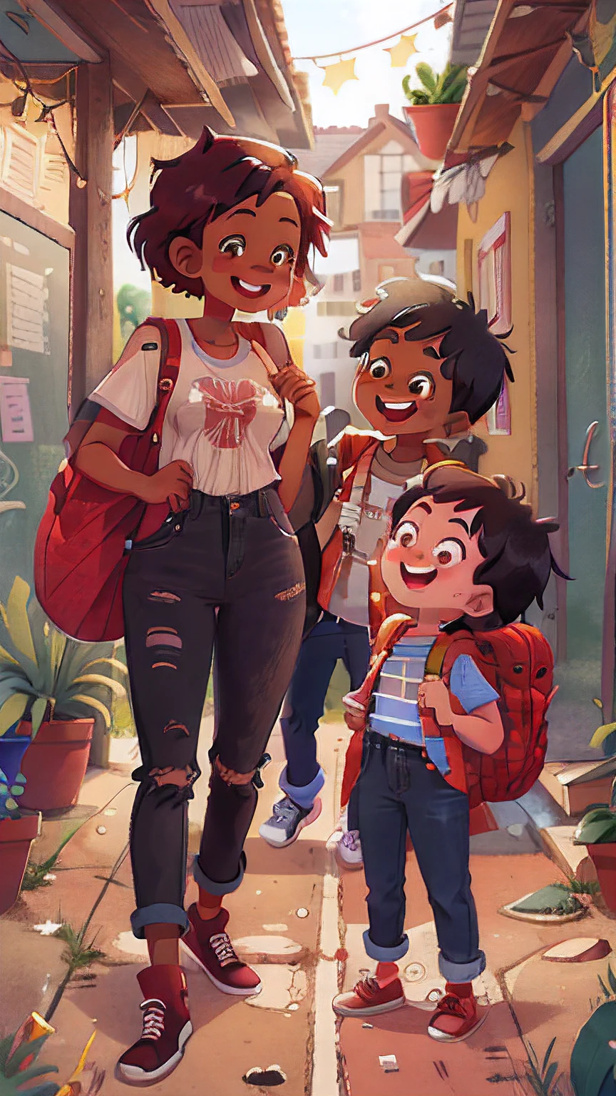 young black female teacher wearing jeans and backpack, smiling as she walks and pointing up at a young black haired male and a red haired female, , they show surprise as the female teacher listens