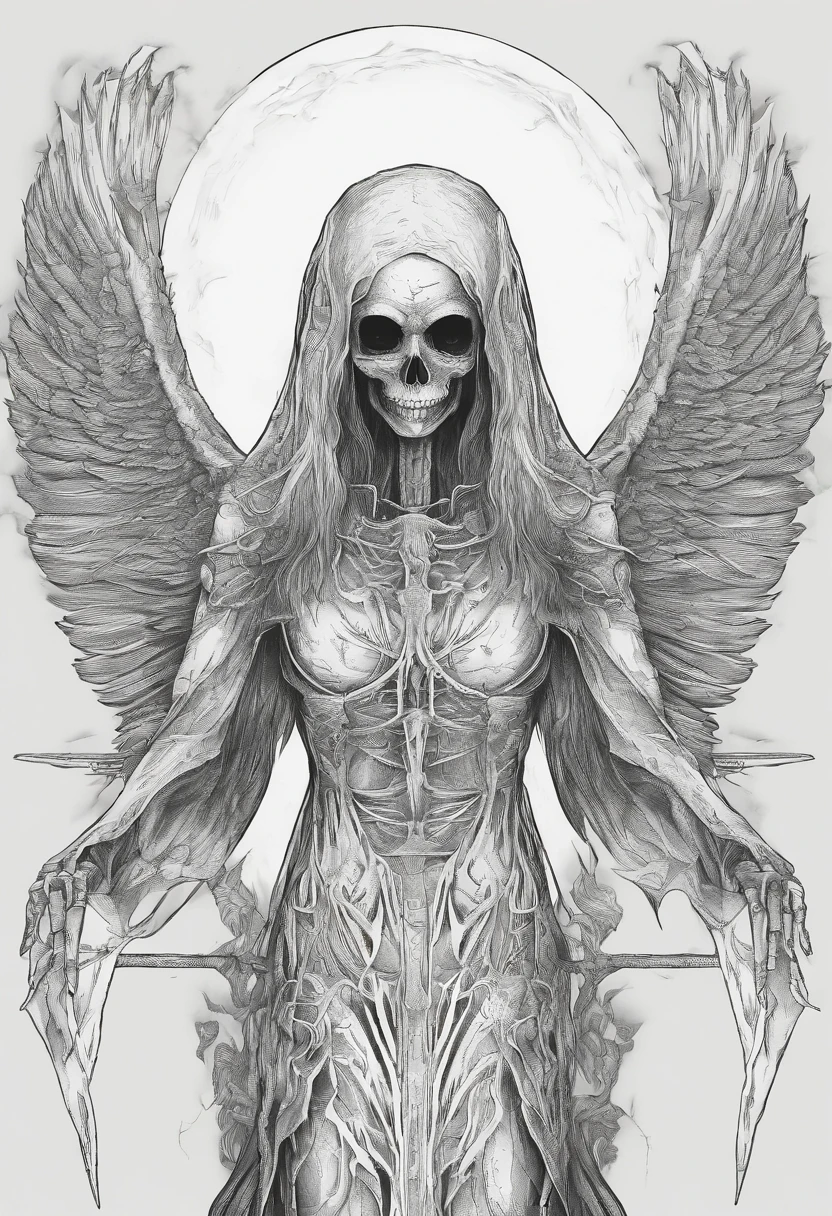 Faceless female angel of death, in the style of a coloring page, clean line art, clear line art, thick outline, white background, black and white, no color, coloring book page, coloring page, line art