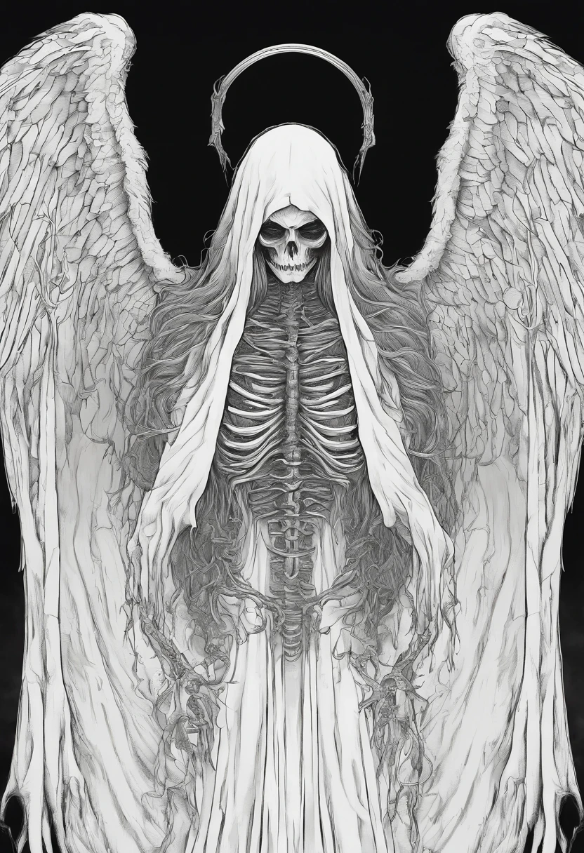 Faceless female angel of death, in the style of a coloring page, clean line art, clear line art, thick outline, white background, black and white, no color, coloring book page, coloring page, line art
