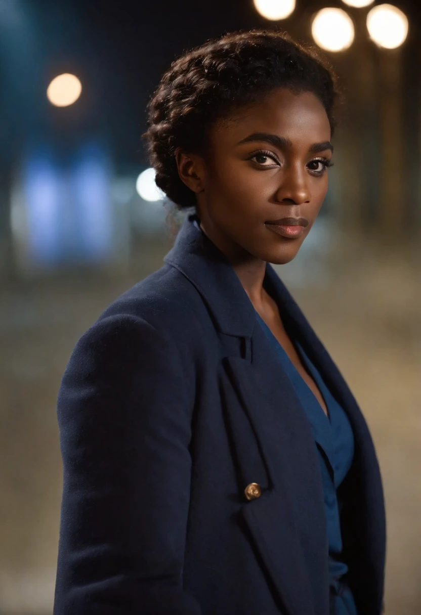 Imagem detalhada de Lashana Lynch como personagem "The Doctor", do show Doctor Who, leve sorriso, peircing no naris, medium size curly hair, regeneracao, totalmente vestido, Navy blue coat with two large buttons side by side on the front, camisa clara. Ao fundo a TARDIS. Noite.