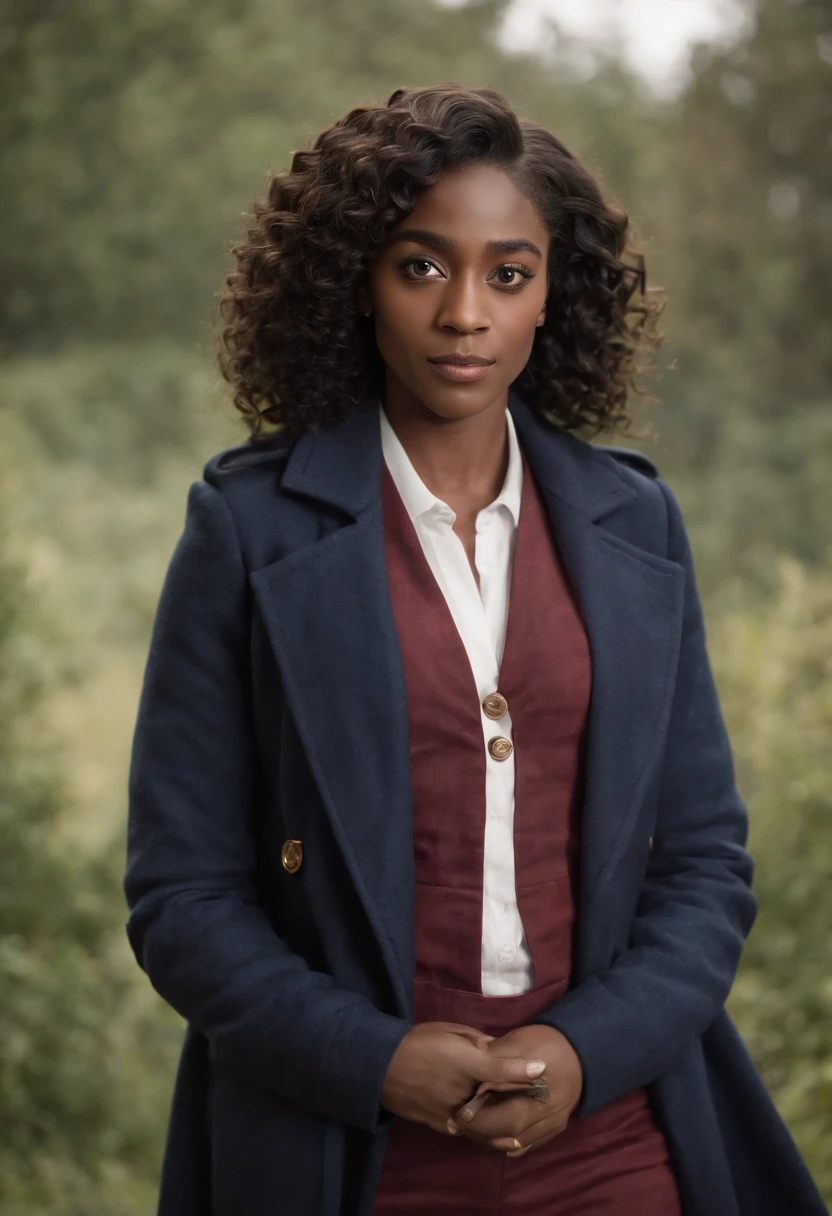 Imagem detalhada de Lashana Lynch como personagem "The Doctor", do show Doctor Who, leve sorriso, peircing no naris, medium size curly hair, regeneracao, totalmente vestido, Navy blue coat with two large buttons side by side on the front, camisa clara. Ao fundo a TARDIS. Noite.