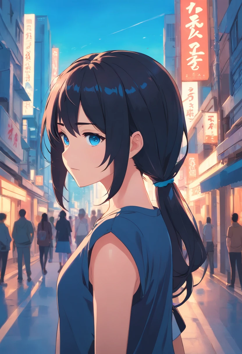 Black color hair，Single ponytail hairstyle，blue color eyes，black t-shirts，A bustling city street，Youth Men，Depressed expression