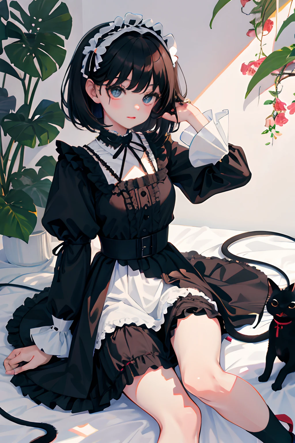 ，（​masterpiece，Highest Quality），Black Lolita Clothes，shortsleeves，a miniskirt，A dark-haired，Black cat