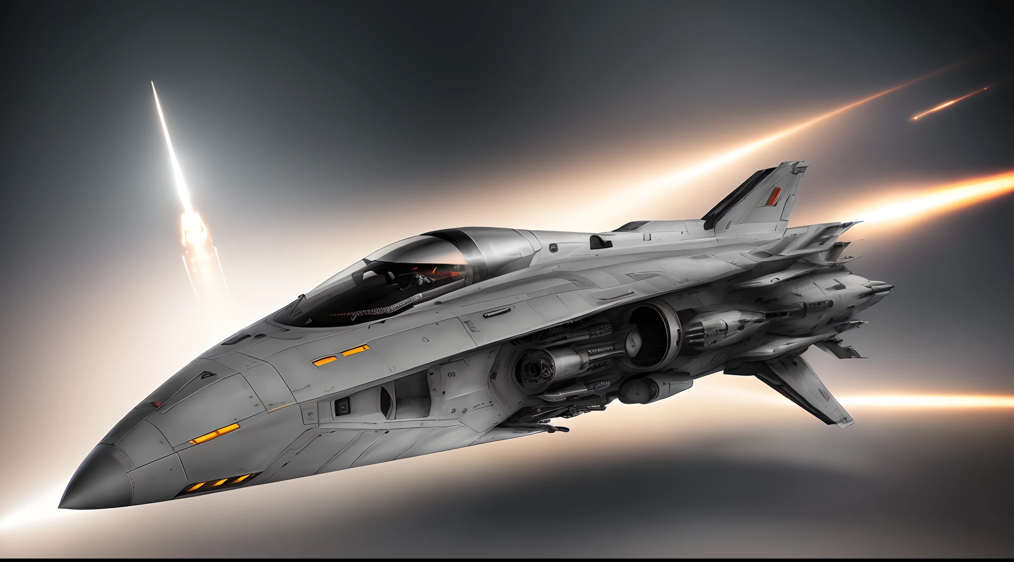 ( Nave espacial de combate volando por espacio negro, estilo Steven Spielberg, Gran nave espacial de combate en el espacio negro, SciFi, estilo Steven Spielberg, alien, espacio profundo, fondo oscuro, ( Nave espacial de combate, NAVE espacial de combate ligera FUTURISTA alienigena , navega por el espacio, Telephoto lens to capture the plane and surrounding elements without distortion, Fast shutter speed to freeze the moment of action, Amplia apertura para enfocar el plano y crear una profundidad de campo reducida que difumina el fondo, High resolution to capture intricate details, motores y detalles de fuselaje, Paleta de colores de grises, and metallic, encapsular la complejidad, renderizado 16K hiper realista, cinematographic photography, Solitario, cielos contaminados, , NAVE espacial de combate fuselaje acero blanco y fibra de carbomo, con armamento, FUTURISTIC FIGHTER CRAFT YEAR 2854, estilo Steven Spielberg, ambiente oscuro, cinematography lighting, Maximum hyper realistic details, perspectiva cenital, primer plano de toda la nave espacial de combate, visibilidad de todos los detalles de su arquitectura y fuselaje, perspectiva en fuga, semi perfil, simetry)