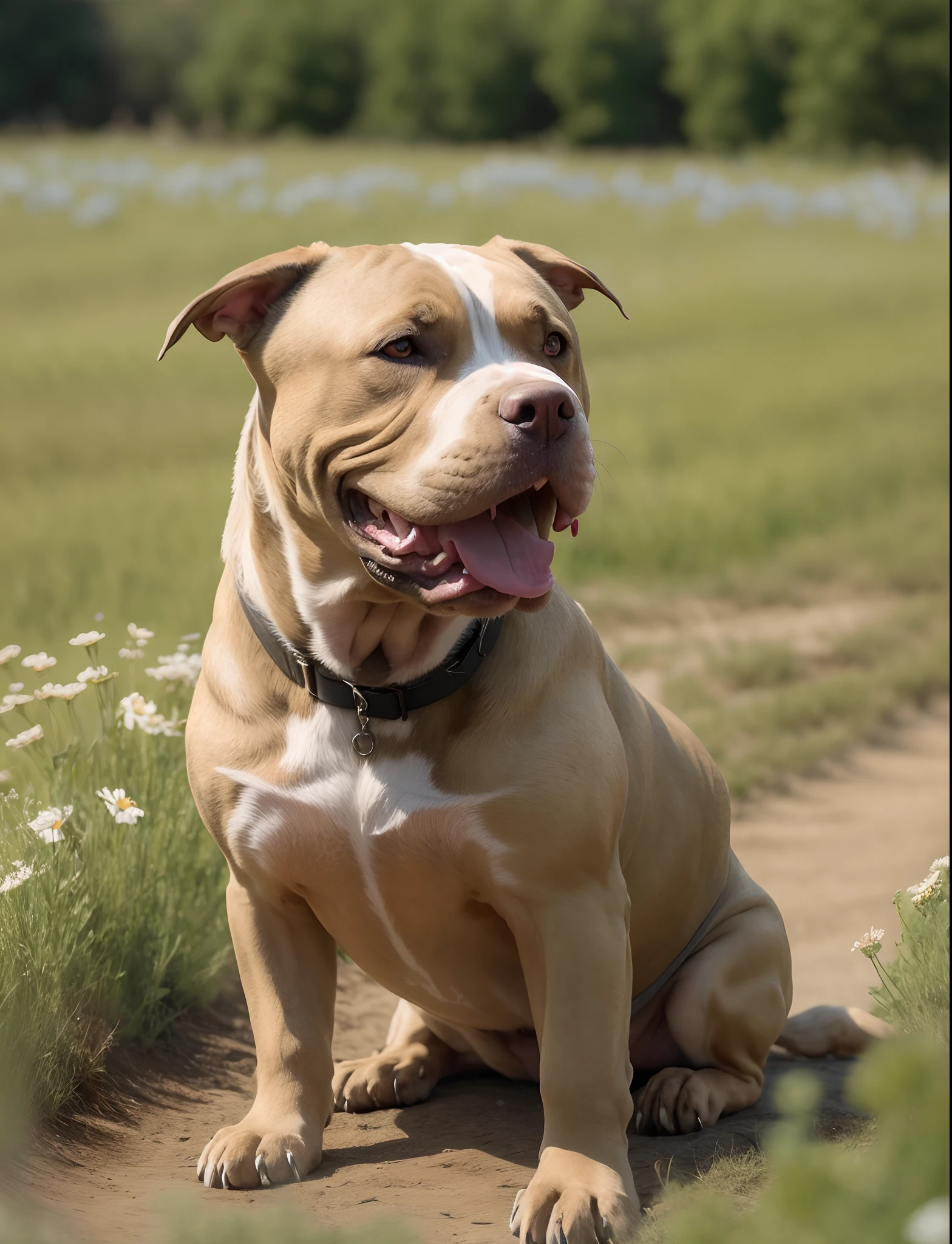 There is a dog sitting on the ground in the grass, pitbull, pits, Ciborgue - Pitbull, smug look, olhar orgulhoso, is a stunning, Brutus, um bonito, sentado em um campo de flores, foto de retrato, foto de uma bela, Ciborgue - Pitbull tirando uma selfie, Shutterstock, com focinho branco, orgulhoso olhando para longe, smug expression