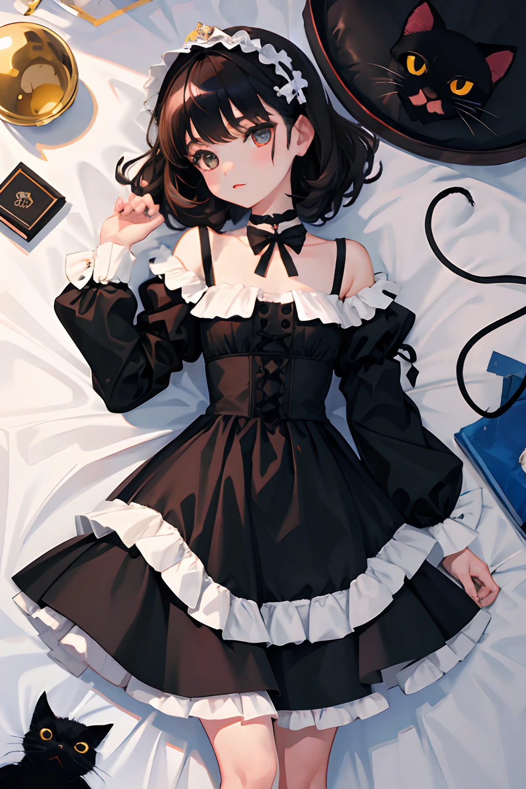 child,(masterpiece,Highest Quality),Black Lolita Clothes,A dark-haired,black cat