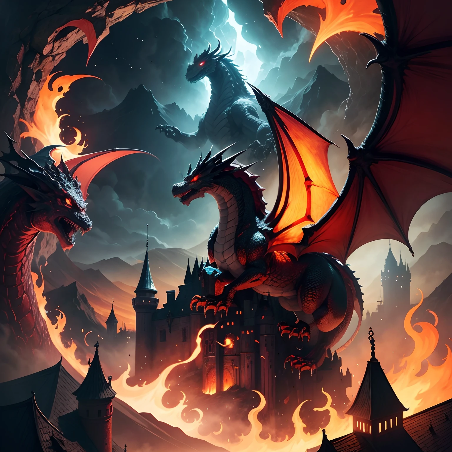 Illustration of a dragon flying over a castle over fiery lava