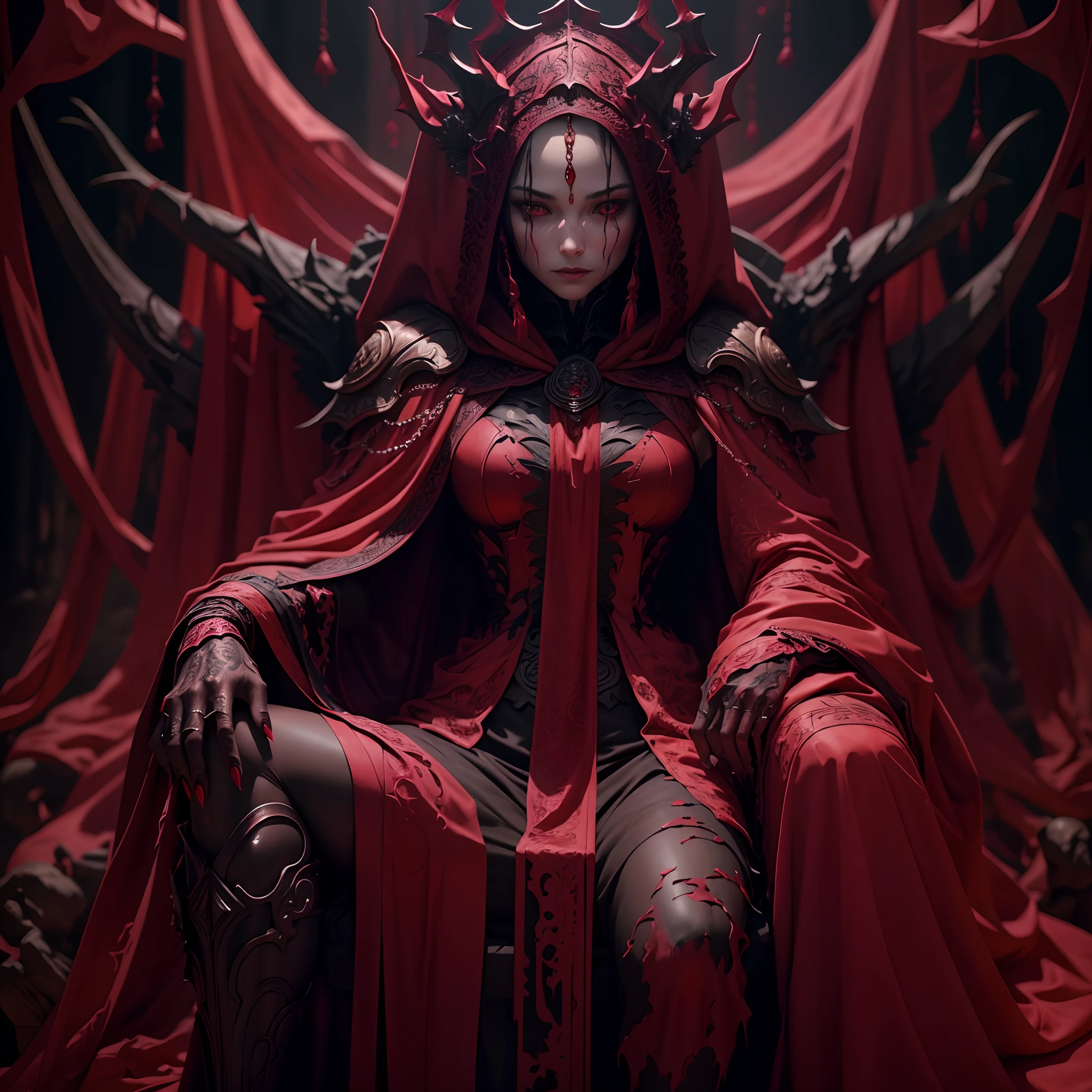 there is a girl sitting in a chair with a bunch of evil horned demons, blood covered zombies behind her, still from a live action movie, alexey egorov, inspired by Gottfried Helnwein, music video, still from the movie, movie promotional image, scene from live action movie, valentina remenar, sitting on a metal throne, official artwork, award winning movie still