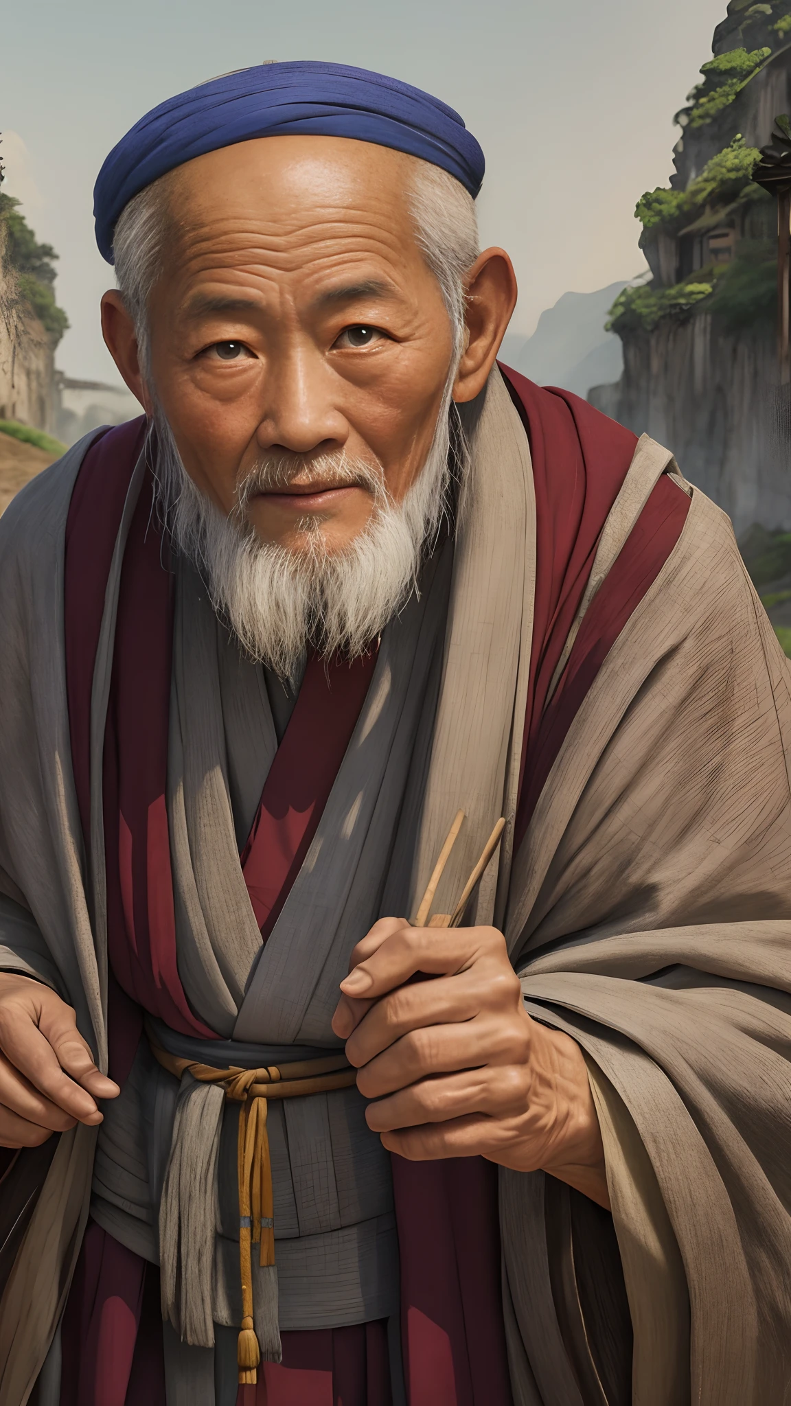 An old Chinese monk in rags，barba longa，Seja gentil，os olhos brilham，Inteligente e arrojado，dentes desnudos, fundo da paisagem，Film portraits of people, 8K portrait rendering,Inspirado em monges de artes marciais, Inspirado em Oniyako