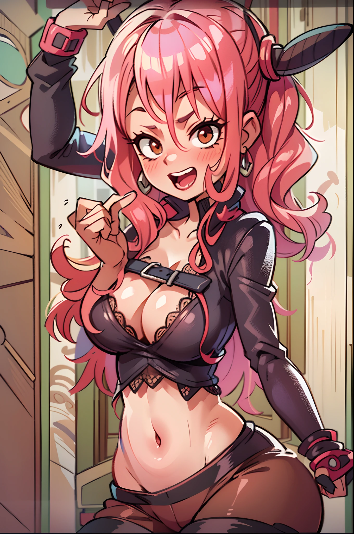(nudity,18+),bonney from one piece, beautiful detailed face, sexy pose, curly pink hair,seductive look, dark red lipstick,cleavage,big breasts,tight revealing outfit,lingerie-like garment,detailed lace pattern,high-heeled boots,fishnet stockings,erotic atmosphere,pin-up style,lighting: soft and sensual, colors: warm and inviting, painting style,detailed shading,high resolution