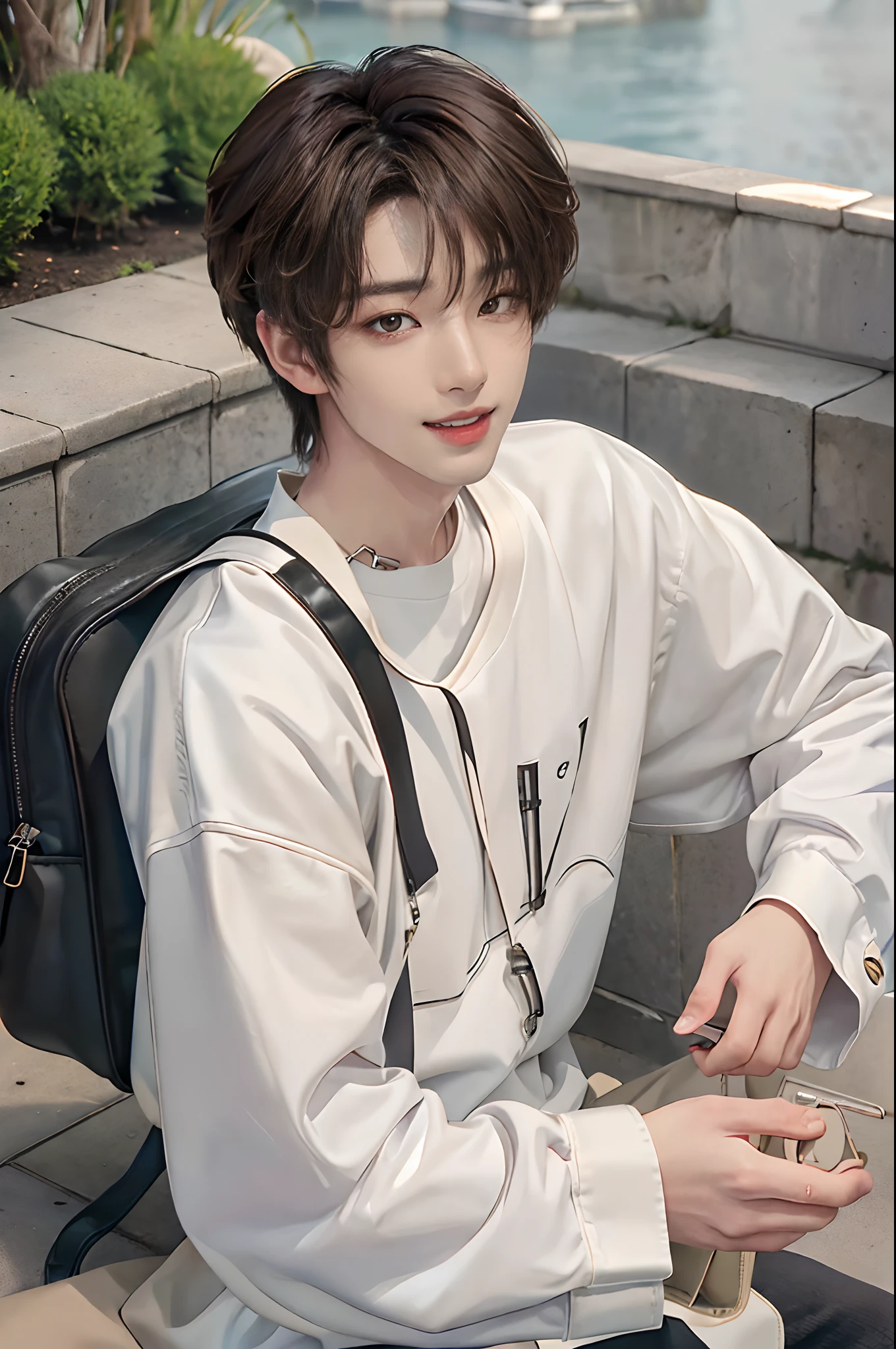 ((4K works))、​masterpiece、（top-quality)、((high-level image quality))、((One Manly Boy))、Slim body、((colorful fashion))、((Men's Fashion))、((Holding a backpack and iPhone in hand))、(Detailed beautiful eyes)、In a fashionable city、Sitting on the curb and listening to music、Face similar to Chaewon in Ruseraphim、((short hair above the ears))、((Smaller face))、((Neutral face))、((Light brown eyes))、((Korean boy))、((18year old))、((Handsome man))、((Teeth and smile expression))、((Korean Makeup))、((elongated and sharp eyes))、((photo of a model))、((Like a celebrity))、Professional Photos、((Shot alone))、((Sitting on the curb and listening to music through headphones))、((He sits in front of the viewer))、((Shot diagonally up from the front))、((Hold your iPhone in your hands、Look at your iPhone screen))