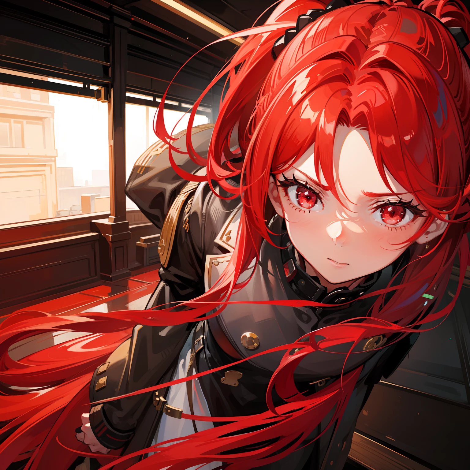 illustratio: Red ponytail girl+red pupils，High quality and realistic details，Dynamic trench coat，Indifferent atmosphere，High cold type，Positive facial expression，Stabilize the standing posture，The girl's whole body is clearly displayed。