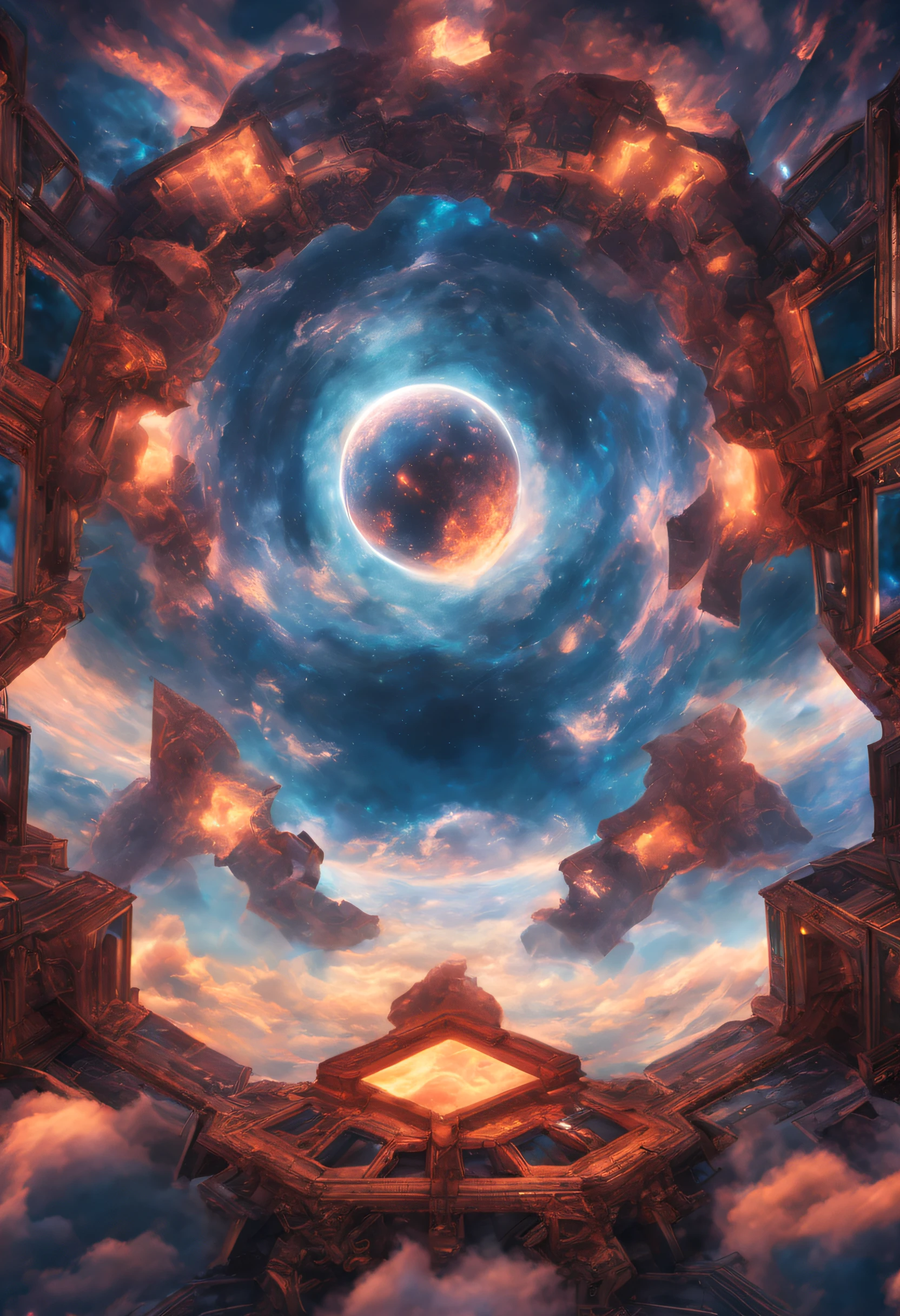 cloudport.pt A kaleidoscopic look, Engaging shots, cubed temporal worm hole with a nebula, Soft lighting, Great details Torn clouds, Light refracts starry sky, refractions, space time