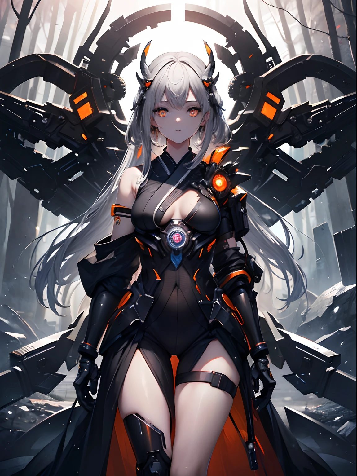 (Masterpiece, Best quality, ultra high resolution),1girl,(mechanical body, biopunk),derruid body,beautiful and detailed face, detailed eyes,(grey theme),sunset,in the magic forest,orange kimono