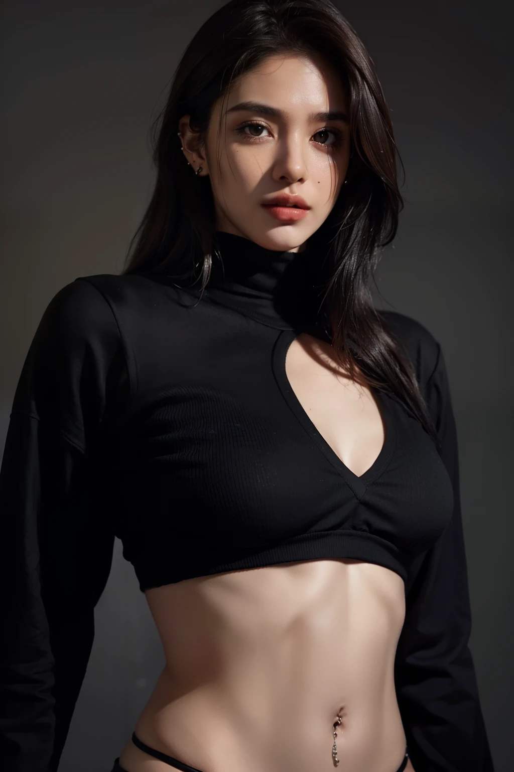 1 women caramelized skin, dark brown hair and eyes, muscular semi, emo, oversized black clothes, funny septum ring and belly button piercing wallpaper, ultra detailed, aesthetic, masterpiece, best quality, photorealistic