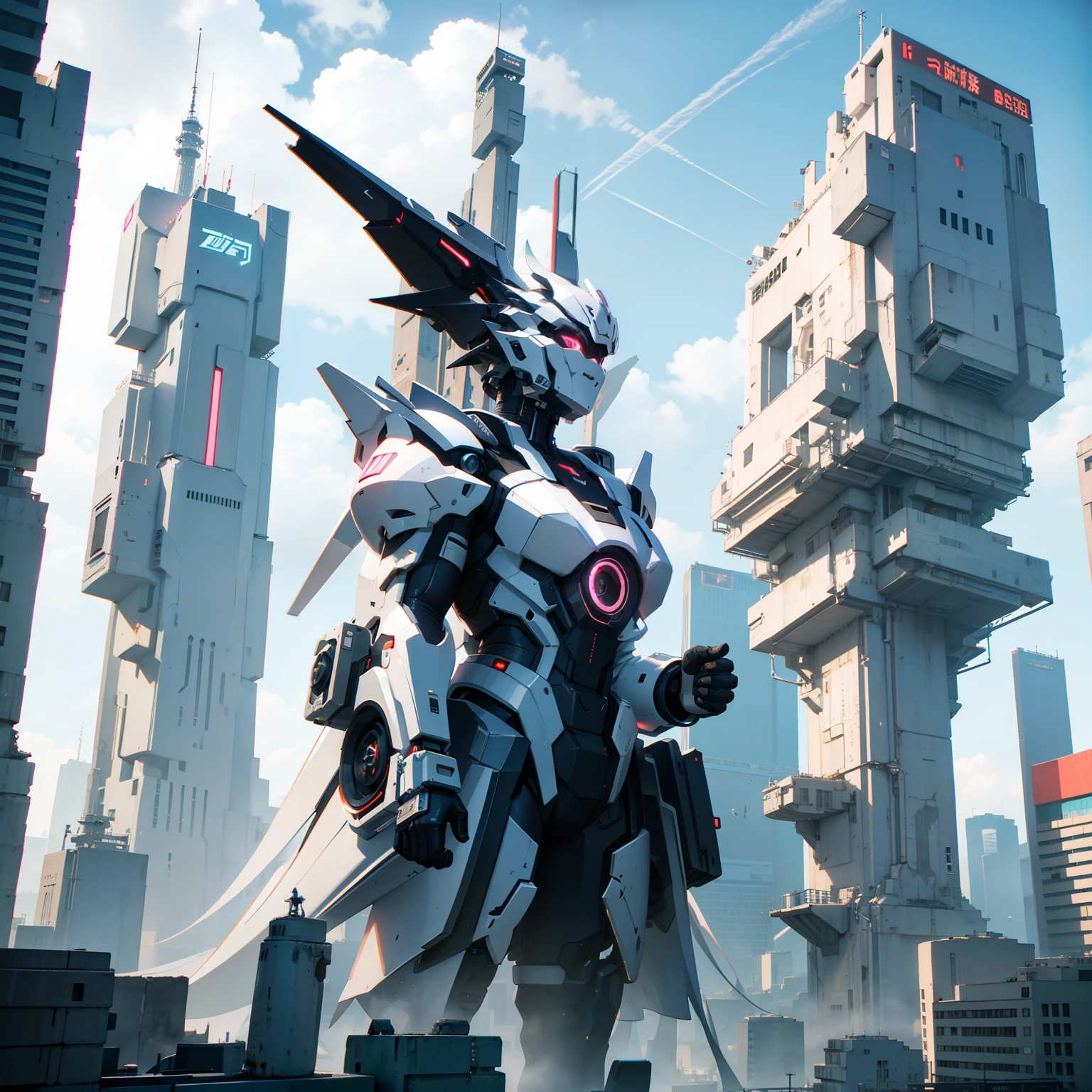 8k, ultra hd, background type, cyberpunk anime, white buildings, white towers, fantasy, 3d, white cybernetic dragons in background, landscape