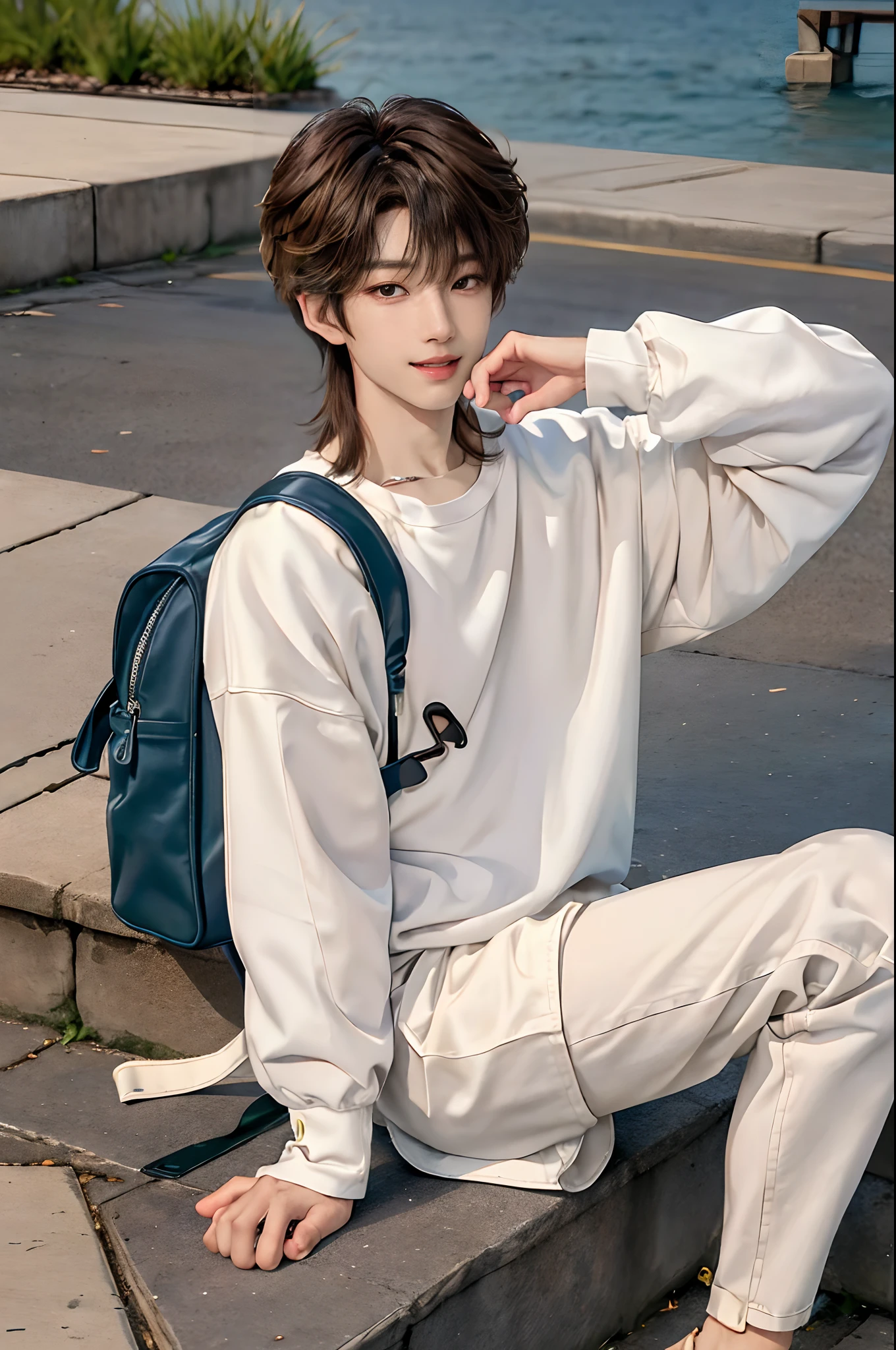 ((4K works))、masterpiece、(top-quality)、((high-level image quality))、((One Manly Boy))、Slim body、((Attractive and sexy fashion))、((Men's Fashion))、((Holding a backpack and iPhone in hand))、(Detailed beautiful eyes)、In a fashionable city、Sitting on the curb and listening to music、Face similar to Chaewon in Ruseraphim、((short hair above the ears))、((Smaller face))、((Neutral face))、((Light brown eyes))、((Korean boy))、((18year old))、((Handsome man))、((Teeth and smile expression))、((Korean Makeup))、((elongated and sharp eyes))、((photo of a model))、((Like a celebrity))、Professional Photos、((Shot alone))、((Sitting on the curb and listening to music through headphones))、((He sits in front of the viewer))、((Shot diagonally up from the front))、((Hold your iPhone in your hand、Look at your iPhone screen))