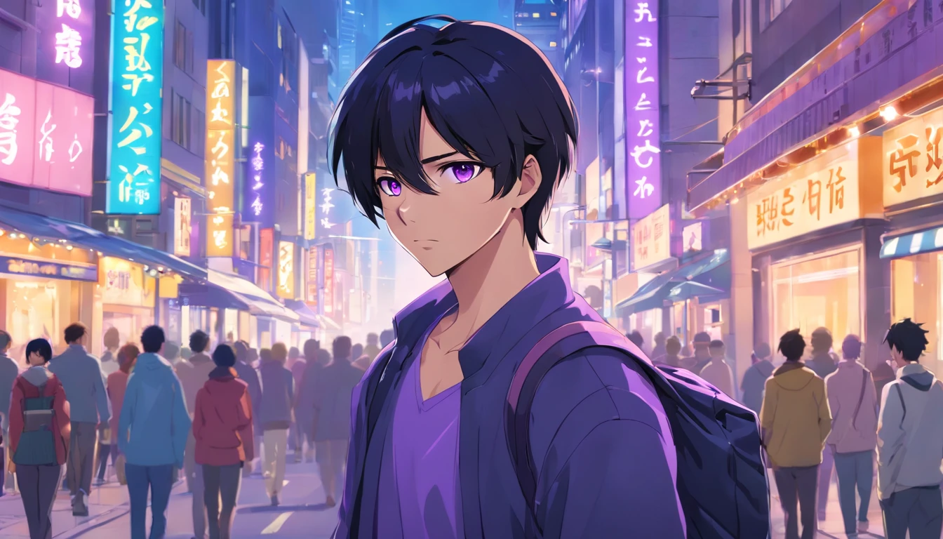 (black hair,single ponytail hairstyle,purple eyes,casual clothing,bustling city streets,melancholic young man) (best quality,ultra-detailed,realistic:1.37),vivid colors,concept artists,nighttime,city lights