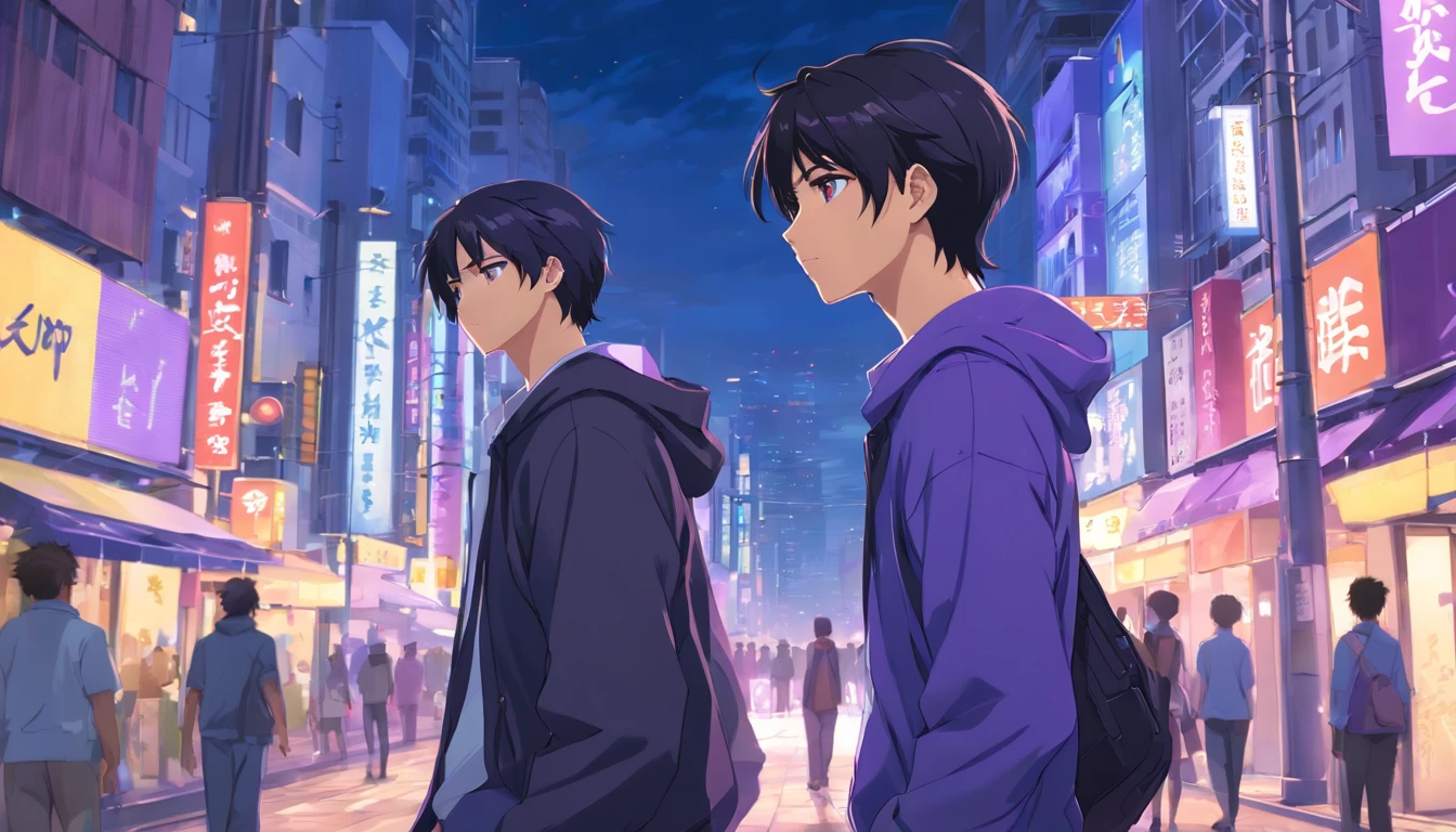 (black hair,single ponytail hairstyle,purple eyes,casual clothing,bustling city streets,melancholic young man) (best quality,ultra-detailed,realistic:1.37),vivid colors,concept artists,nighttime,city lights