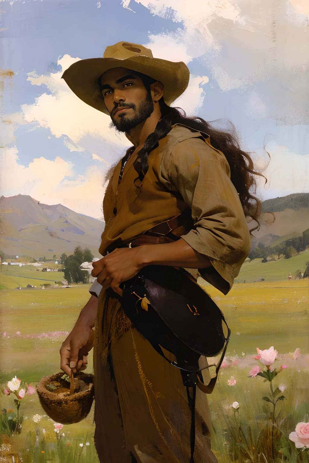 lone male cowboy holding wild roses on a field, brown attire, filipino american, handsome face, late 20's, light facial hair, medium long wavy hair,
