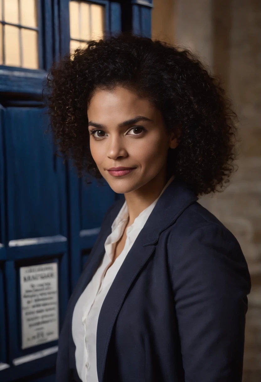 Imagem detalhada de zazie beetz como personagem "The Doctor", do show Doctor Who, Ao fundo a TARDIS, leve sorriso, peircing no naris, medium size curly hair, regeneracao, totalmente vestido, Navy blue coat with two large buttons side by side on the front, camisa clara. Noite. cinematic picture