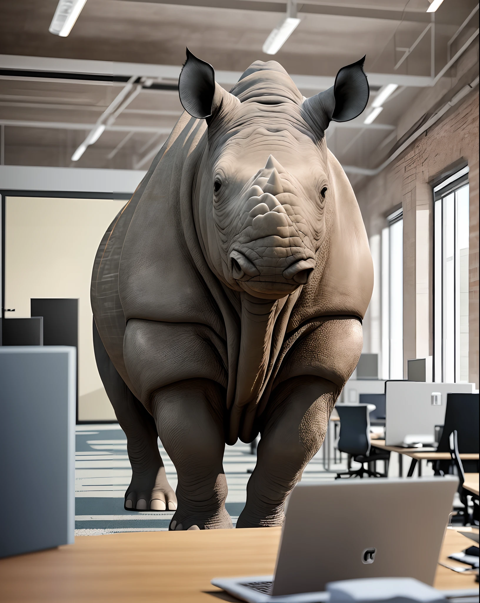 ultra-realistic photograph of a rhino in an office with people working in a company, 4k HD --auto --s2