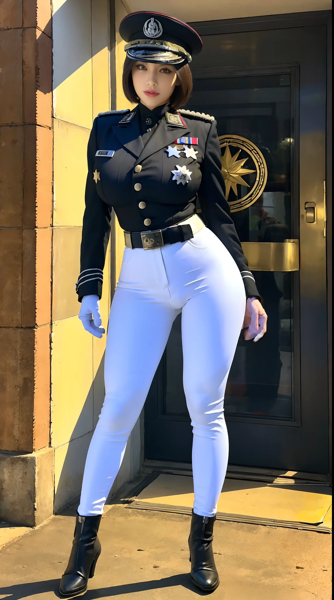 physically-based rendering, 1girl, Female soldier, (bob hair), (huge fake breasts:1.1), (street city), sexy muscular body, slim waist, big buttocks, (Full body:1.3), walking, skintight white army pants, (white military uniform).