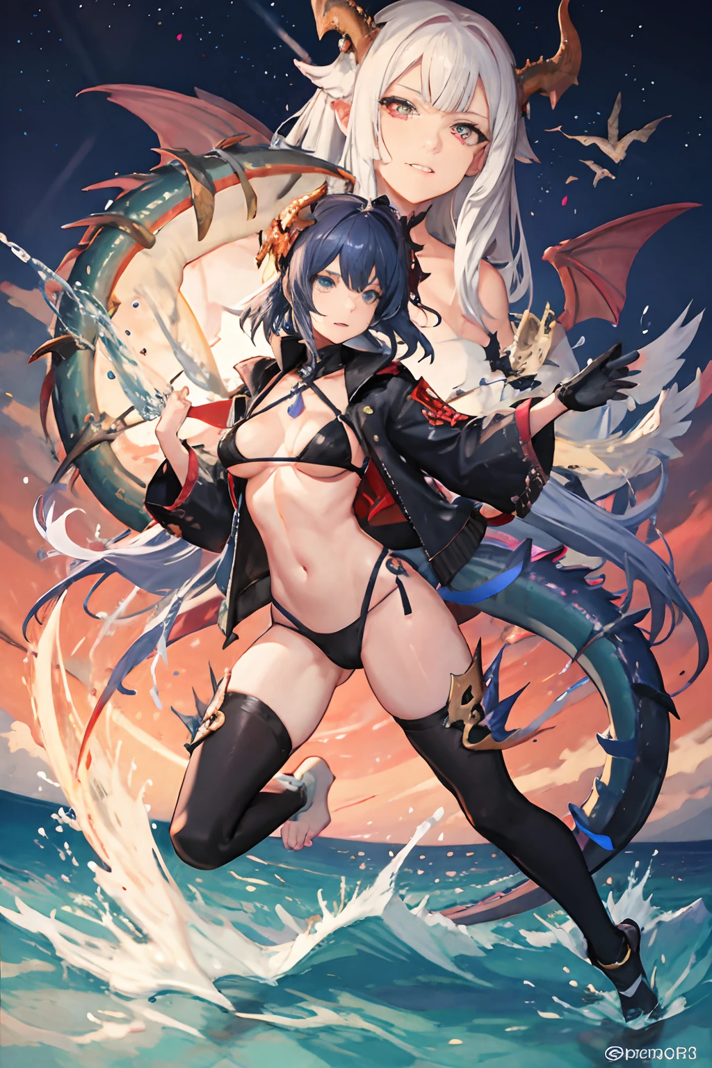 a 25-year-old girl awakens in a new body, one that is powerfully muscular, with defined abdominal muscles. She stands there, gazing in astonishment at her new physique, her arms, and her hands. She's wearing a bikini, and her expression is a mix of wonder and amazement (((looking at herself))) ((((Dragon made of water)))) ((((water dargon))) (((translucid dragon))) swirling on the scene