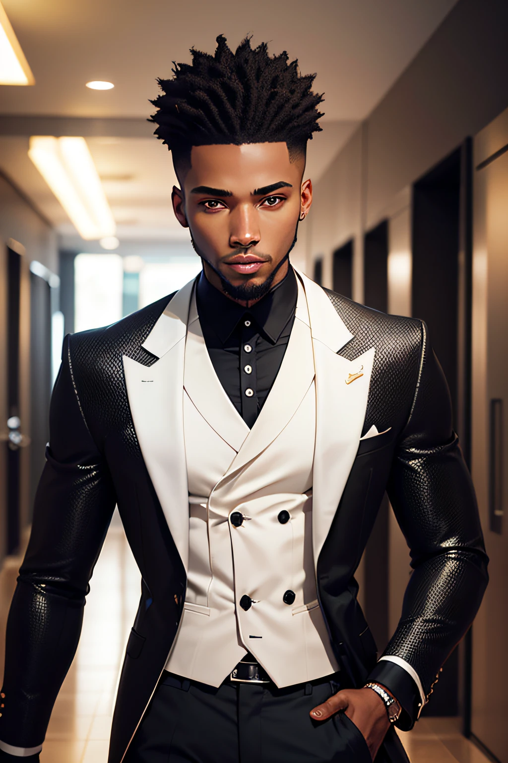 Attractive Black male person with black sparkling eyes, des cheveux courts, du nom de harvey Smic et ayant un beau visage