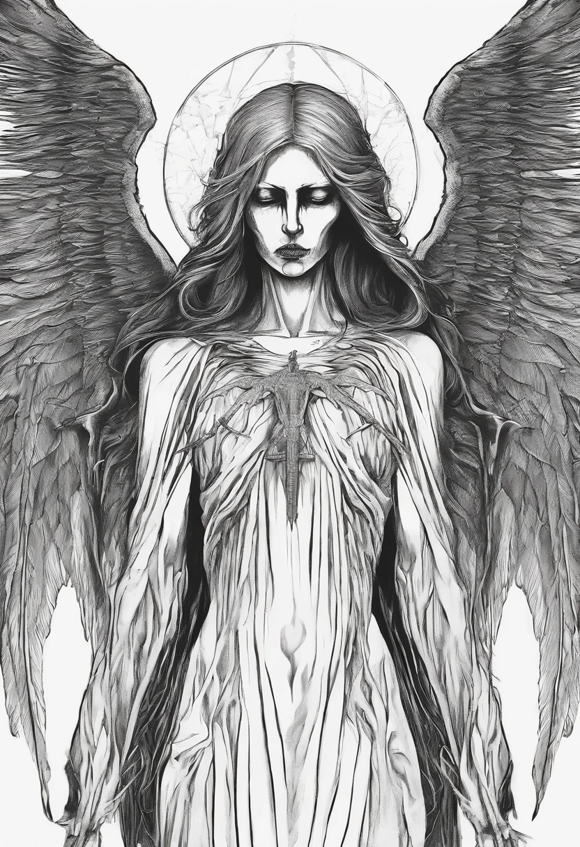 Faceless female angel of death, in the style of a coloring page, clean line art, clear line art, thick outline, white background, black and white, no color, coloring book page, coloring page, line art