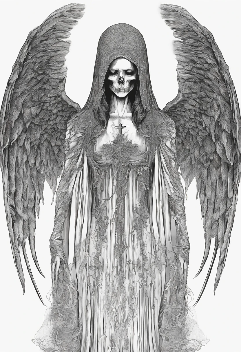 Faceless female angel of death, in the style of a coloring page, clean line art, clear line art, thick outline, white background, black and white, no color, coloring book page, coloring page, line art