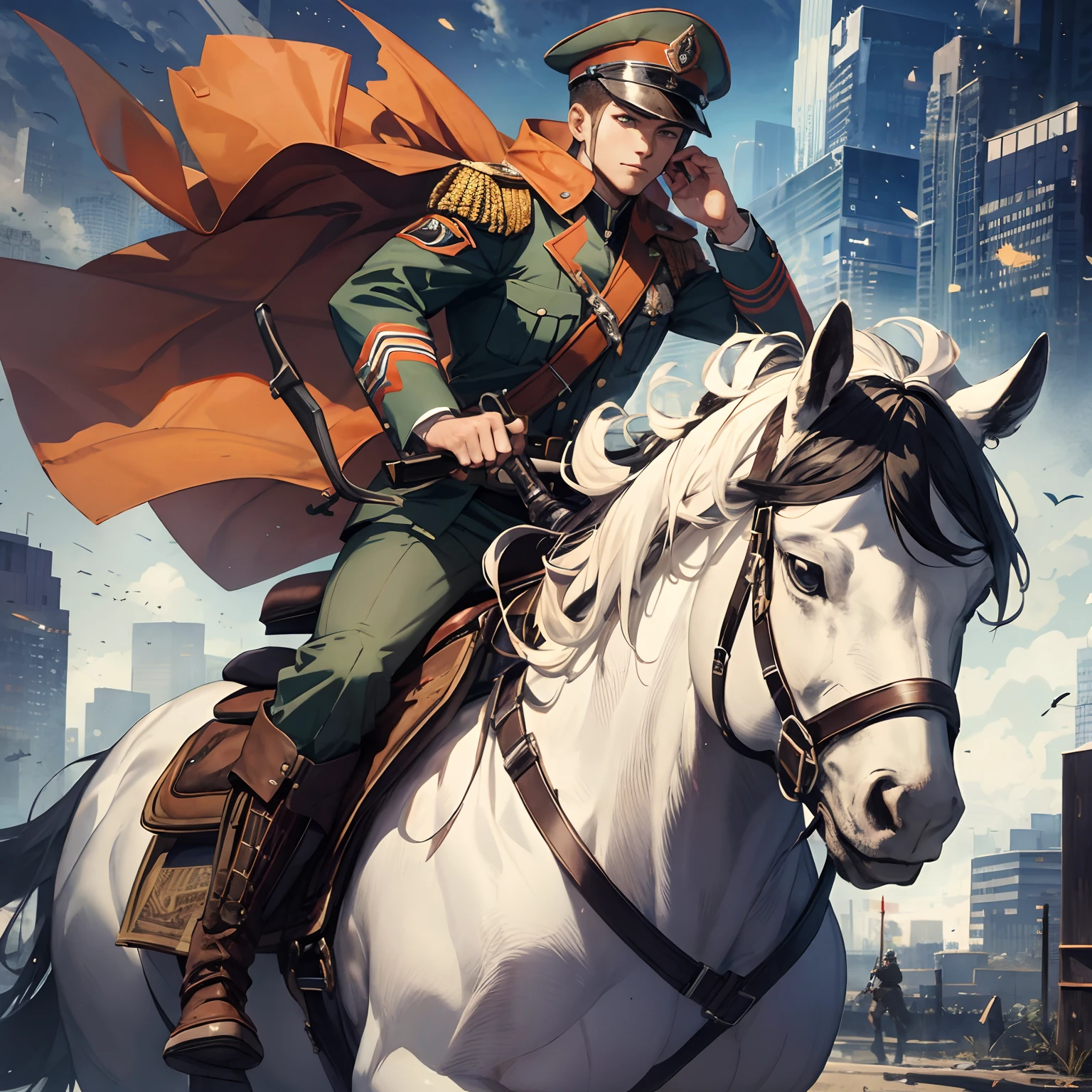 Kazakh style，1 male soldier，Riding a steed，heroic look，Ridiculous resolution，High variability，tmasterpiece，Super good looks，hyper-high detail，8 thousand resolution