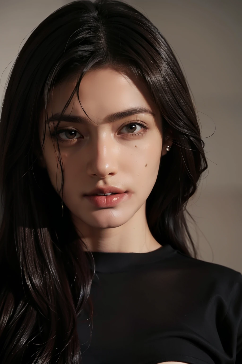 1 women caramelized skin, dark brown hair and eyes, muscular semi, oversized black shirt, funny septum ring and ear piercing wallpaper, ultra detailed, aesthetic, masterpiece, best quality, photorealistic